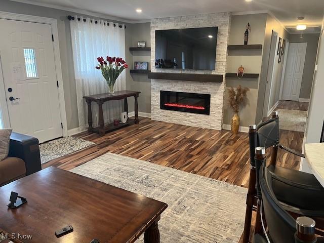 living area with baseboards, ornamental molding, wood finished floors, a fireplace, and recessed lighting