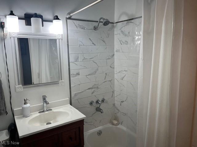 full bathroom with shower / bath combination with curtain and vanity