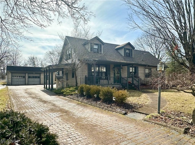 view of front of house featuring a garage, covered porch, roof with shingles, and driveway