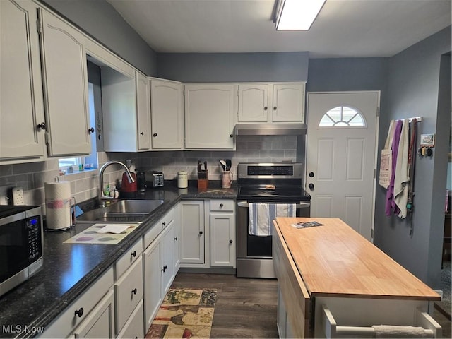 kitchen featuring under cabinet range hood, butcher block countertops, a sink, white cabinetry, and appliances with stainless steel finishes