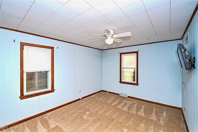 carpeted spare room featuring visible vents, crown molding, baseboards, and ceiling fan