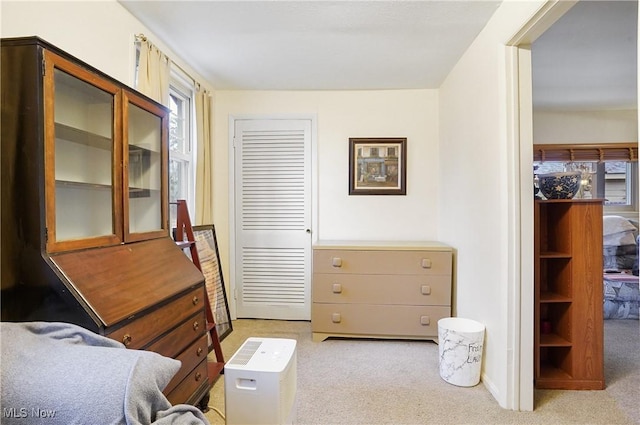 bedroom with a closet and light colored carpet