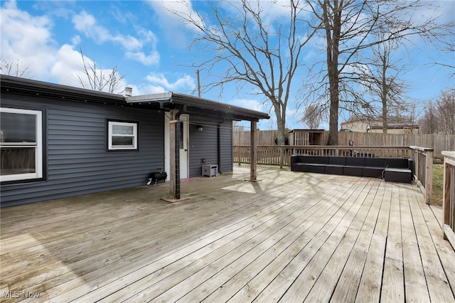 wooden deck with a fenced backyard