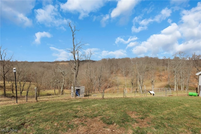 view of yard featuring a forest view, a rural view, and fence