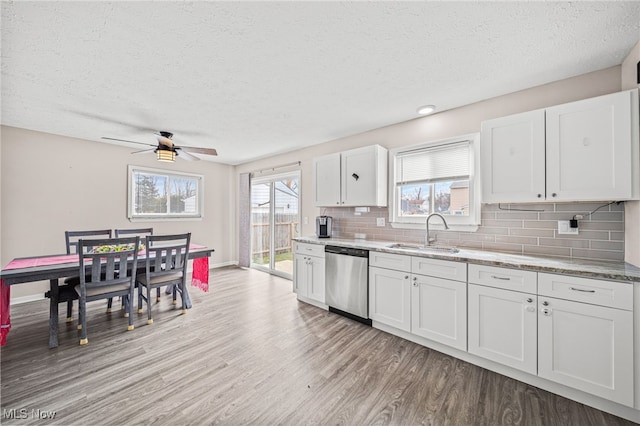 kitchen with dishwasher, backsplash, light wood-type flooring, white cabinetry, and a sink