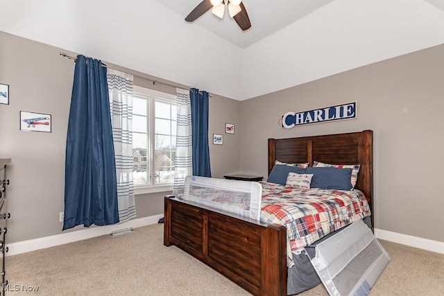 bedroom with carpet floors, a ceiling fan, and baseboards