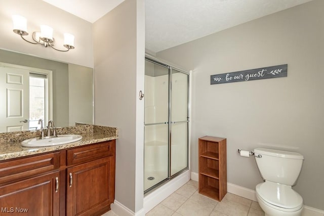 full bathroom with toilet, vanity, baseboards, a shower stall, and tile patterned floors