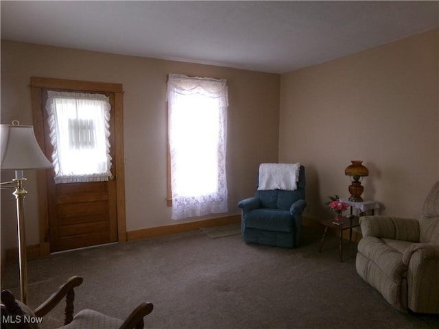 sitting room featuring carpet, a wealth of natural light, and baseboards