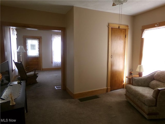 interior space featuring carpet, visible vents, and baseboards