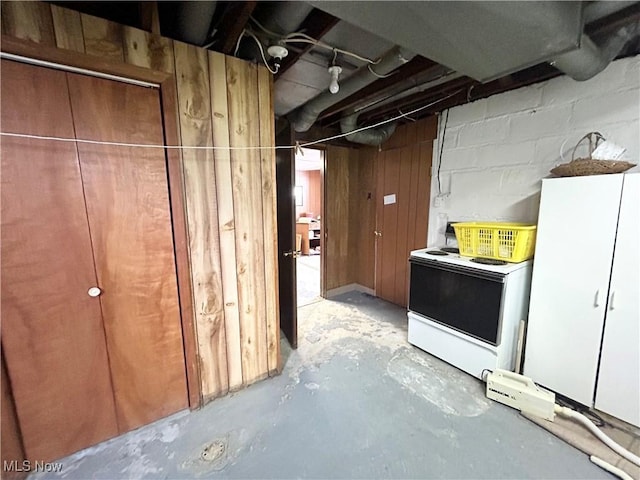 unfinished basement featuring concrete block wall and wooden walls