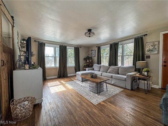 living room featuring hardwood / wood-style floors and baseboards