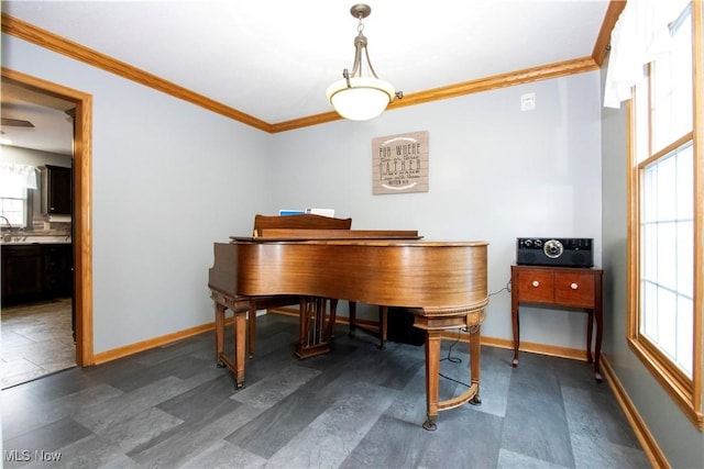 sitting room with a healthy amount of sunlight, baseboards, and crown molding