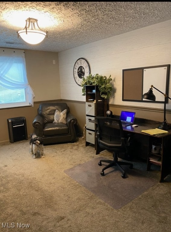 carpeted office space featuring a textured ceiling