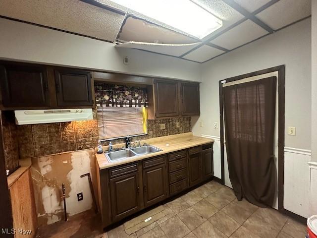 kitchen with extractor fan, dark brown cabinetry, a sink, light countertops, and tasteful backsplash