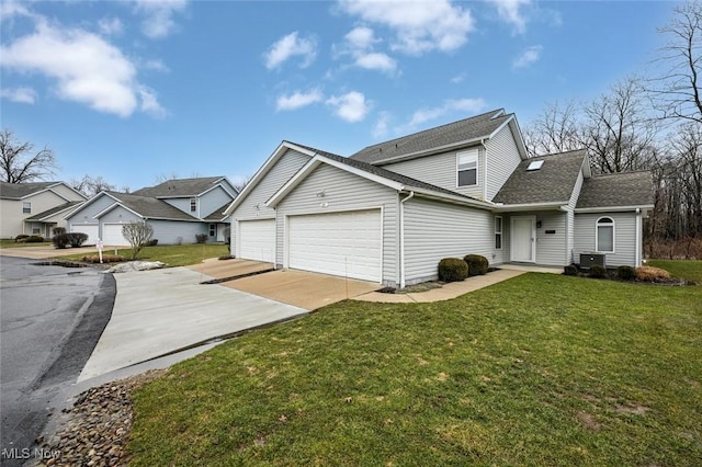 view of front facade featuring an attached garage, central air condition unit, a shingled roof, concrete driveway, and a front lawn