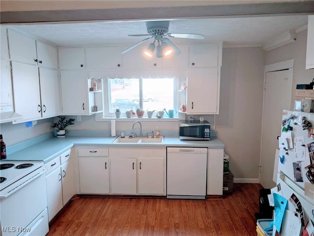 kitchen featuring white appliances, light wood-style flooring, light countertops, and a sink