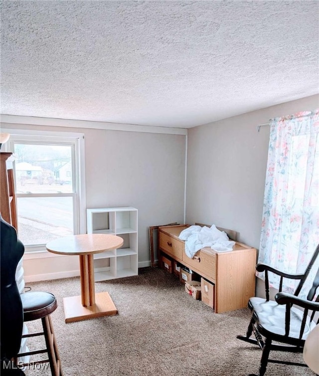 bedroom featuring carpet flooring, a textured ceiling, and baseboards