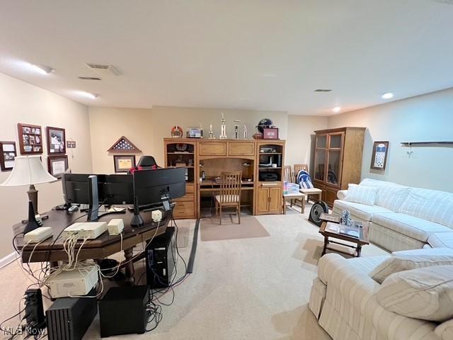 office with light carpet, visible vents, and recessed lighting