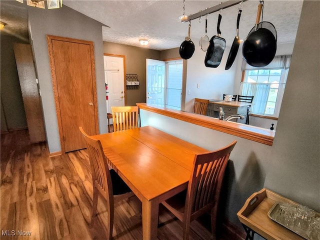 dining room featuring a textured ceiling and wood finished floors