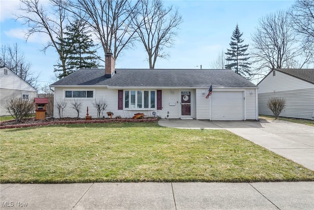 ranch-style home with a chimney, a shingled roof, concrete driveway, a garage, and a front lawn