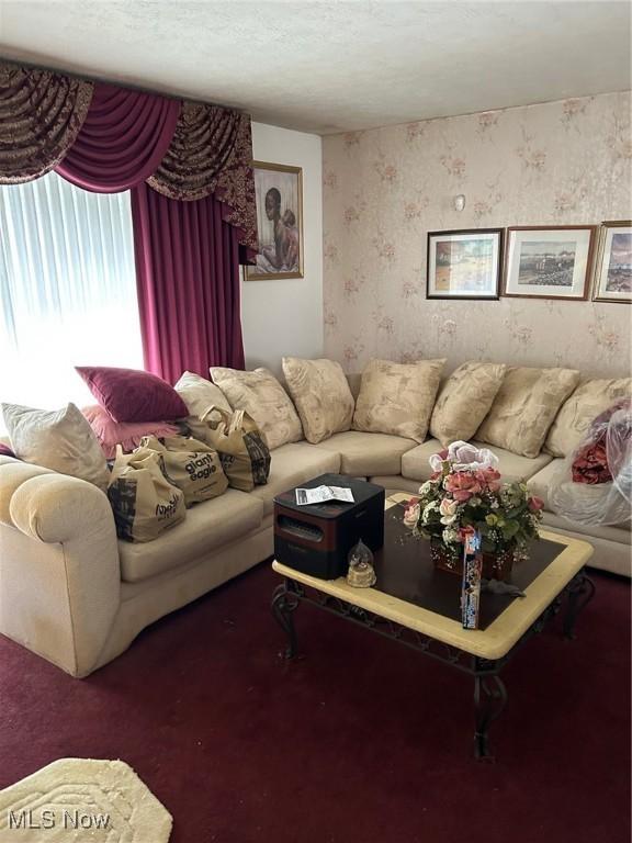 living room featuring a textured ceiling