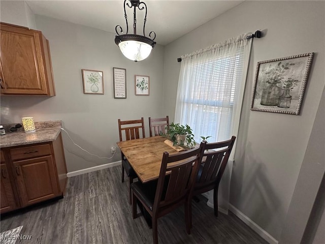 dining area featuring dark wood-style floors and baseboards