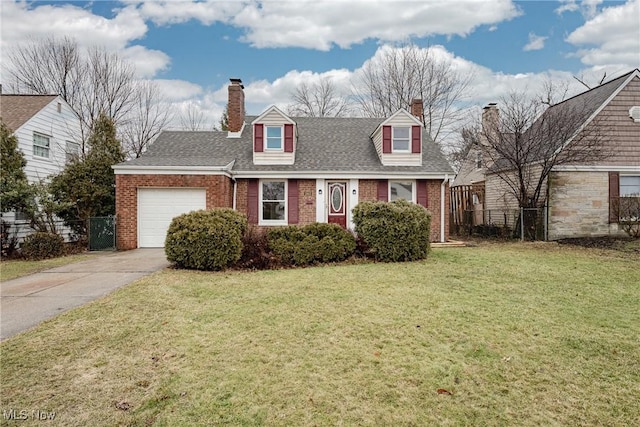 cape cod-style house with driveway, an attached garage, fence, a front lawn, and brick siding