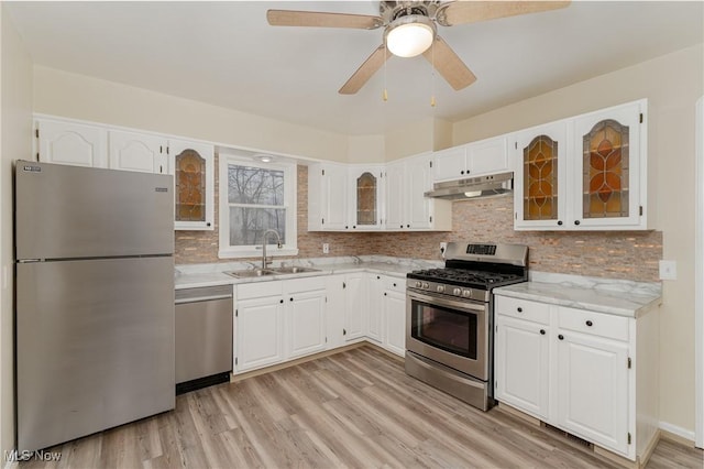 kitchen with light wood finished floors, stainless steel appliances, under cabinet range hood, white cabinetry, and a sink