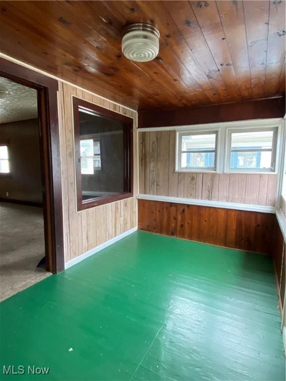 unfurnished room featuring wooden ceiling and wooden walls