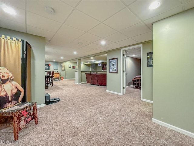 interior space featuring carpet floors, recessed lighting, a dry bar, and baseboards