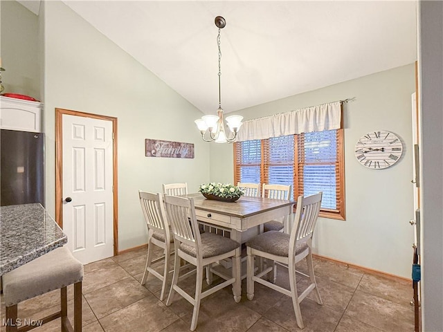 dining area featuring lofted ceiling, baseboards, and a chandelier