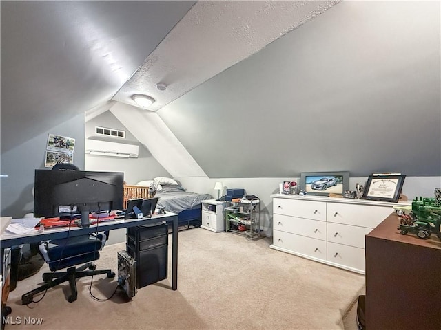 home office featuring carpet, a wall mounted air conditioner, and vaulted ceiling