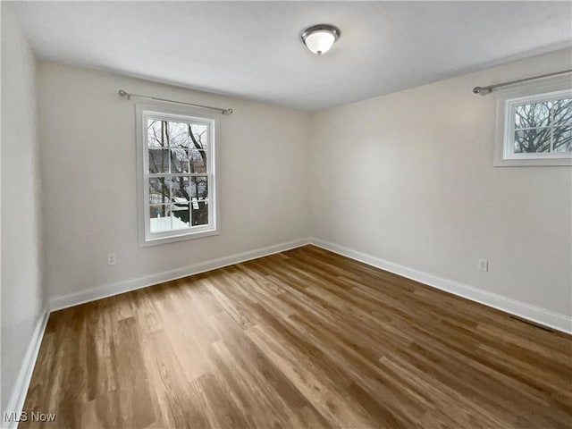 empty room featuring baseboards, a wealth of natural light, and wood finished floors