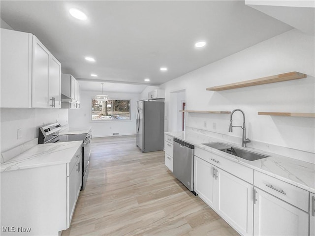 kitchen with stainless steel appliances, a sink, white cabinetry, light wood-type flooring, and open shelves