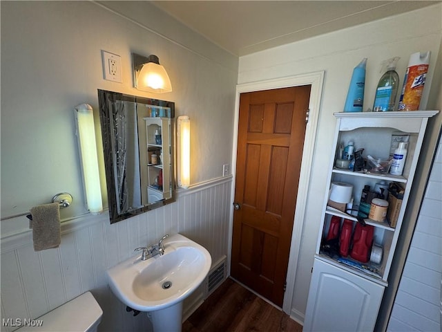 bathroom featuring a wainscoted wall, wood finished floors, and a sink