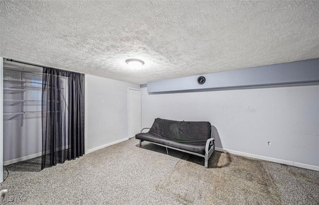 sitting room with a textured ceiling, carpet floors, and baseboards