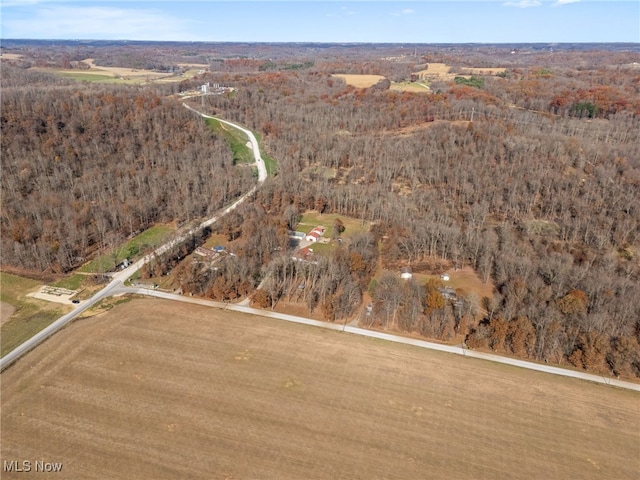 bird's eye view with a wooded view