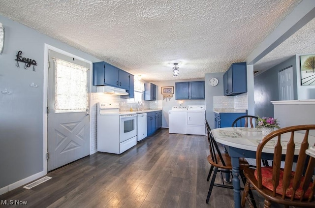 10684 Barcus Ave NE, Alliance, OH 44601 - kitchen with blue cabinetry, visible vents, dark wood-type flooring, white appliances, and under cabinet range hood