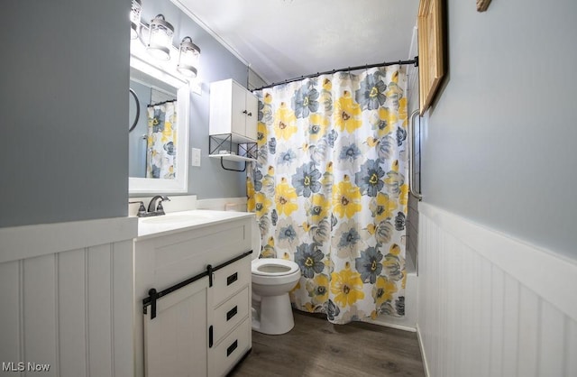 10684 Barcus Ave NE, Alliance, OH 44601 - full bath with a wainscoted wall, a shower with shower curtain, toilet, vanity, and wood finished floors