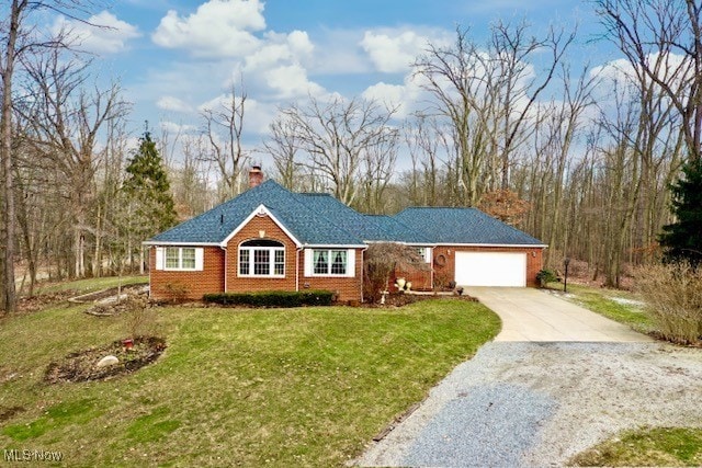 ranch-style home with brick siding, a chimney, concrete driveway, a garage, and a front lawn