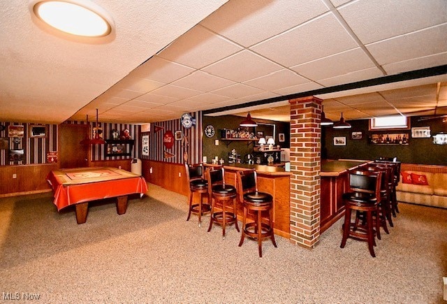 10400 Stoneacre St NW, Canal Fulton, OH 44614 - indoor dry bar with a drop ceiling, carpet flooring, pool table, and decorative columns