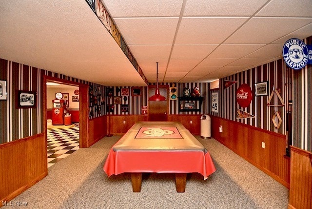 10400 Stoneacre St NW, Canal Fulton, OH 44614 - recreation room with billiards table, wood walls, a drop ceiling, and carpet