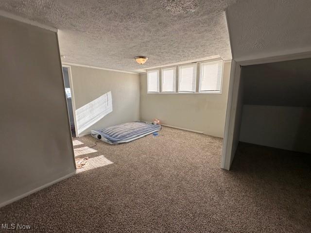 unfurnished bedroom with a textured ceiling and carpet floors