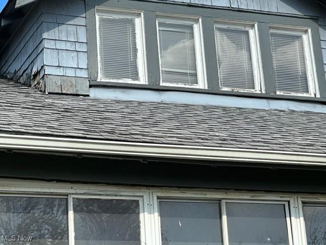 details featuring roof with shingles