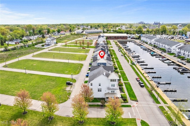 drone / aerial view with a water view