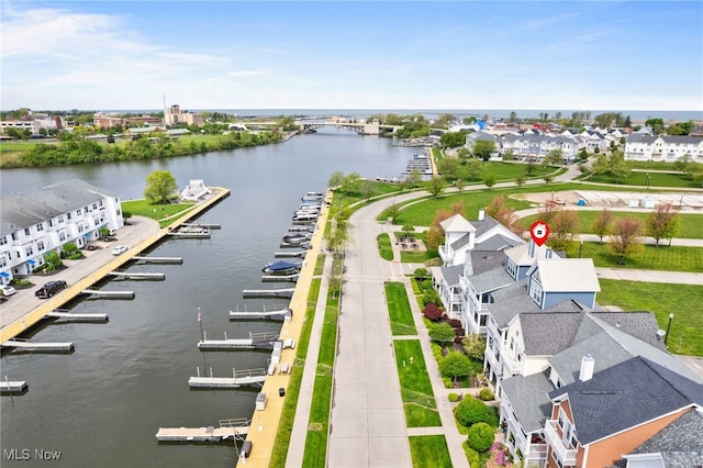 bird's eye view with a water view