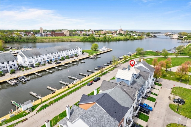 aerial view featuring a water view