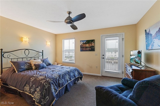 bedroom featuring ceiling fan, carpet floors, access to outside, and baseboards