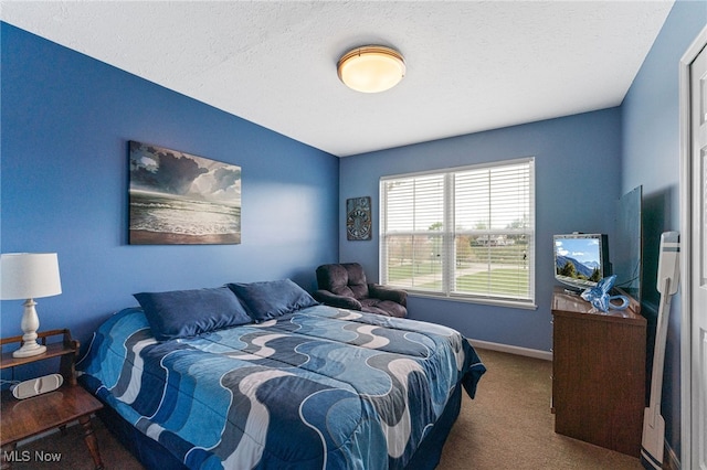 carpeted bedroom with baseboards and a textured ceiling