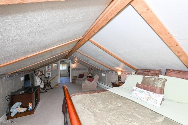 bedroom with carpet floors, a baseboard radiator, and vaulted ceiling